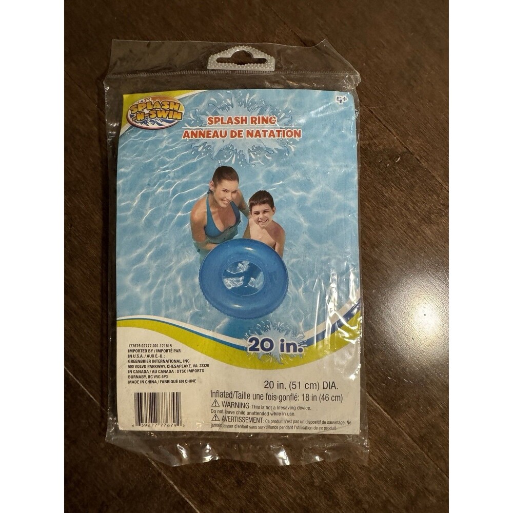 Splash N Swim 20” Inflatable Swim Ring Blue Pool Float Tube Kids Age 4+ New